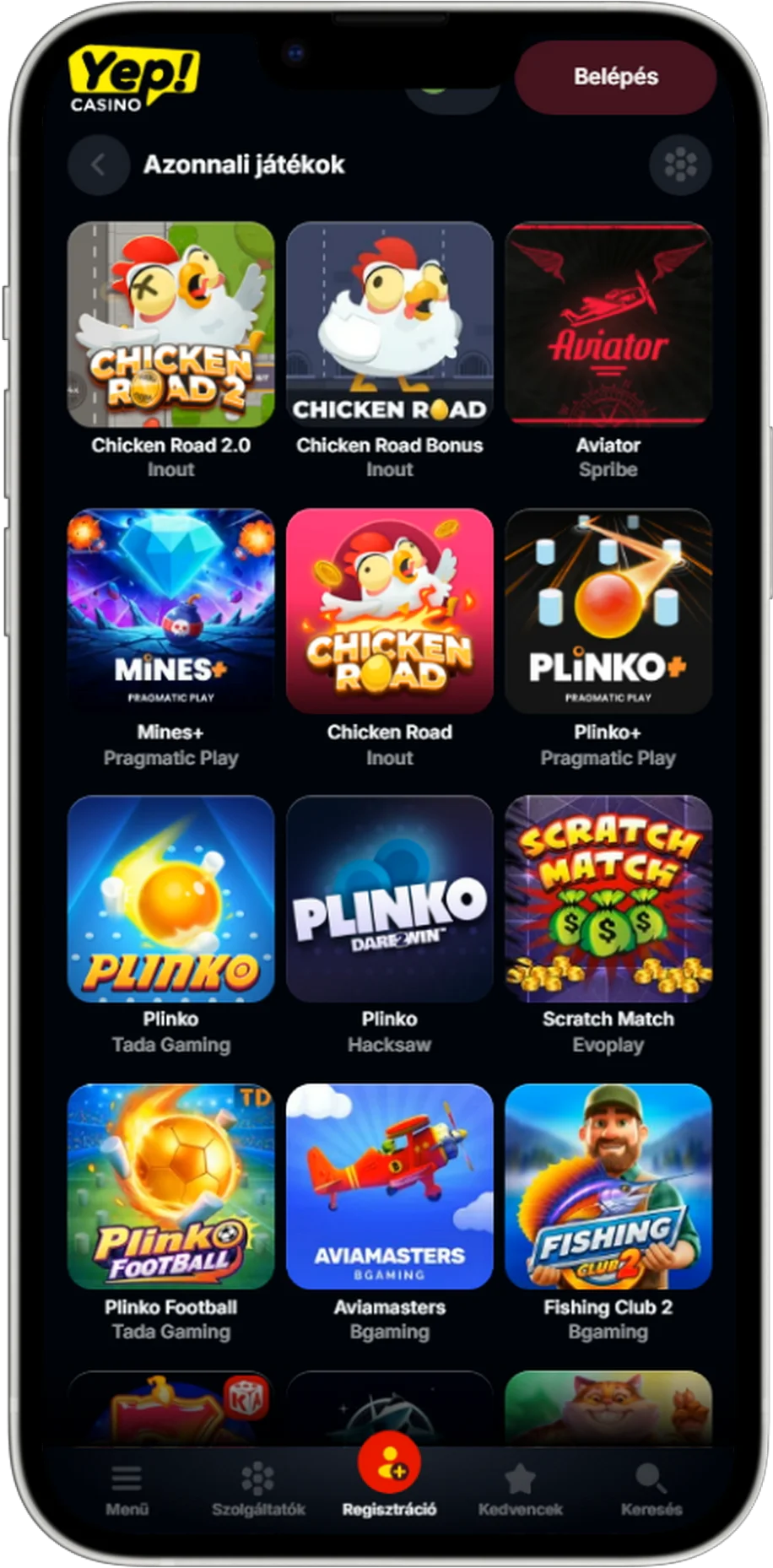 Játékválaszték Yep Casino nyerőgépek és élő játékok