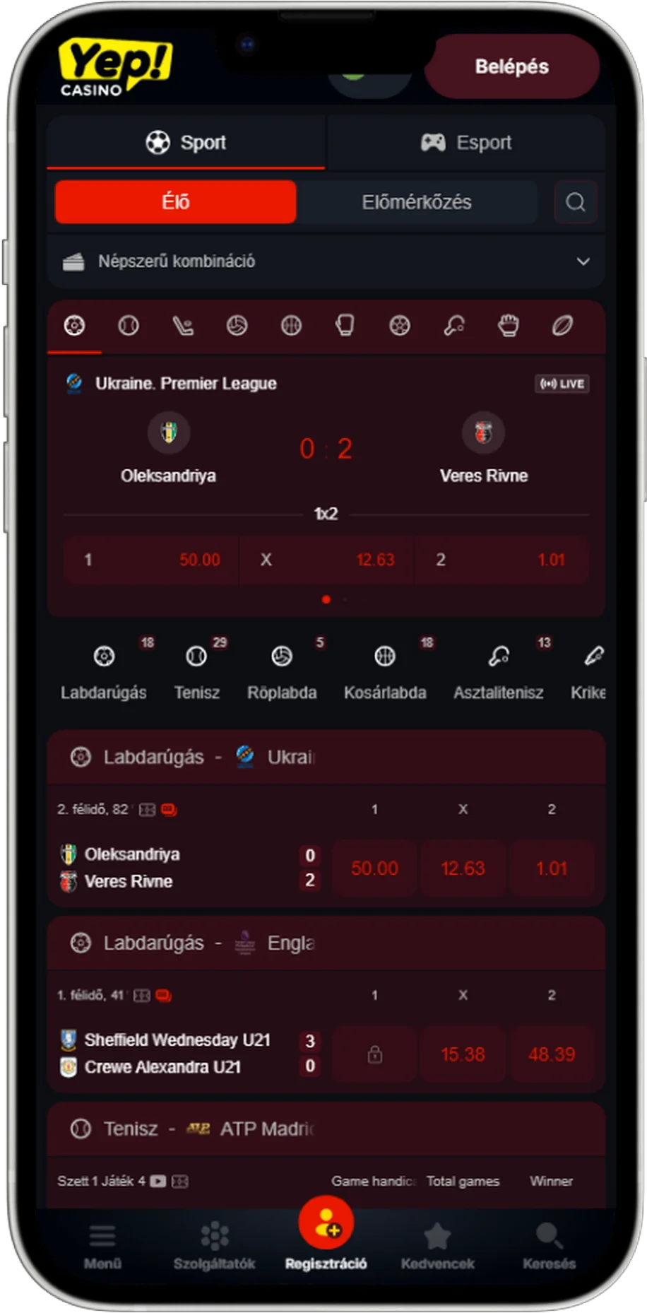 Sportfogadás Yep Casino események és oddsok